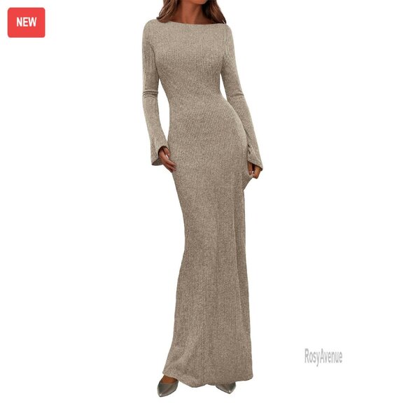 Dresses & Skirts - Ribbed Knit Long Sleeve Maxi Dress Bodycon Boat Neck Casual